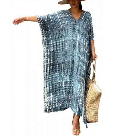 Womens Caftan Plus Size Kaftans Casual V Neck Caftans Long Soft Beach Maxi Dress for Summer A Blue& Grey $15.00 Swimsuits