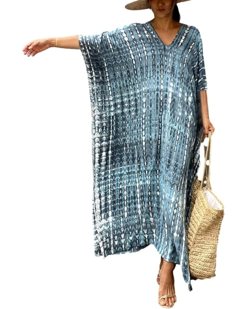 Womens Caftan Plus Size Kaftans Casual V Neck Caftans Long Soft Beach Maxi Dress for Summer A Blue& Grey $15.00 Swimsuits