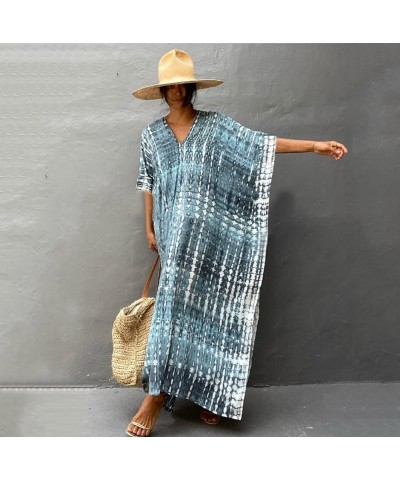 Womens Caftan Plus Size Kaftans Casual V Neck Caftans Long Soft Beach Maxi Dress for Summer A Blue& Grey $15.00 Swimsuits