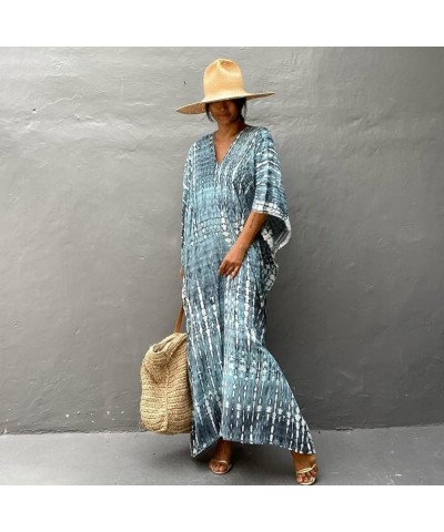 Womens Caftan Plus Size Kaftans Casual V Neck Caftans Long Soft Beach Maxi Dress for Summer A Blue& Grey $15.00 Swimsuits