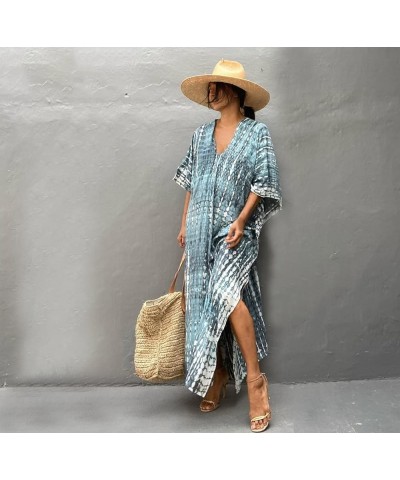 Womens Caftan Plus Size Kaftans Casual V Neck Caftans Long Soft Beach Maxi Dress for Summer A Blue& Grey $15.00 Swimsuits