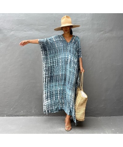 Womens Caftan Plus Size Kaftans Casual V Neck Caftans Long Soft Beach Maxi Dress for Summer A Blue& Grey $15.00 Swimsuits