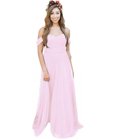 Women's Off The Shoulder Tulle Long Bridesmaid Dresses 2024 Formal Wedding Party Dress Pink $34.50 Dresses