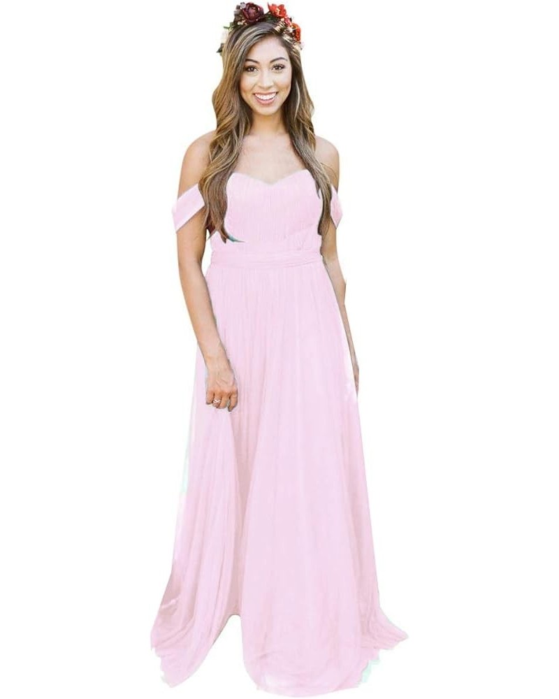 Women's Off The Shoulder Tulle Long Bridesmaid Dresses 2024 Formal Wedding Party Dress Pink $34.50 Dresses