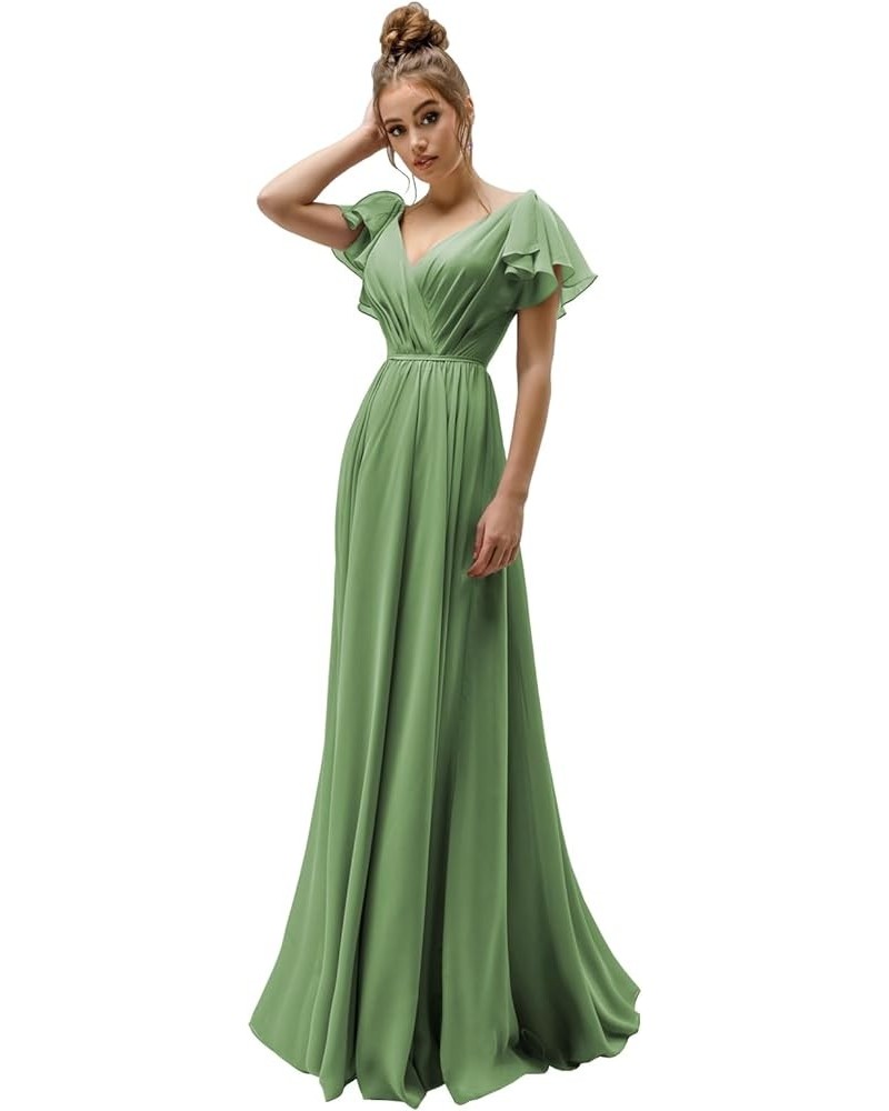 Flutter Sleeve V Neck Bridesmaid Dresses for Wedding Chiffon Long Formal Dress Emerald Green $30.24 Dresses