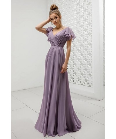 Flutter Sleeve V Neck Bridesmaid Dresses for Wedding Chiffon Long Formal Dress Emerald Green $30.24 Dresses