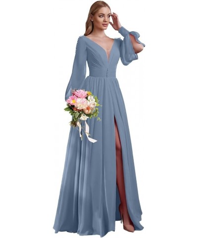 V Neck Bridesmaid Dresses Chiffon Long Sleeve Wedding Guest Dresses for Women Formal Evening Party Gowns with Slit Dusty Blue...