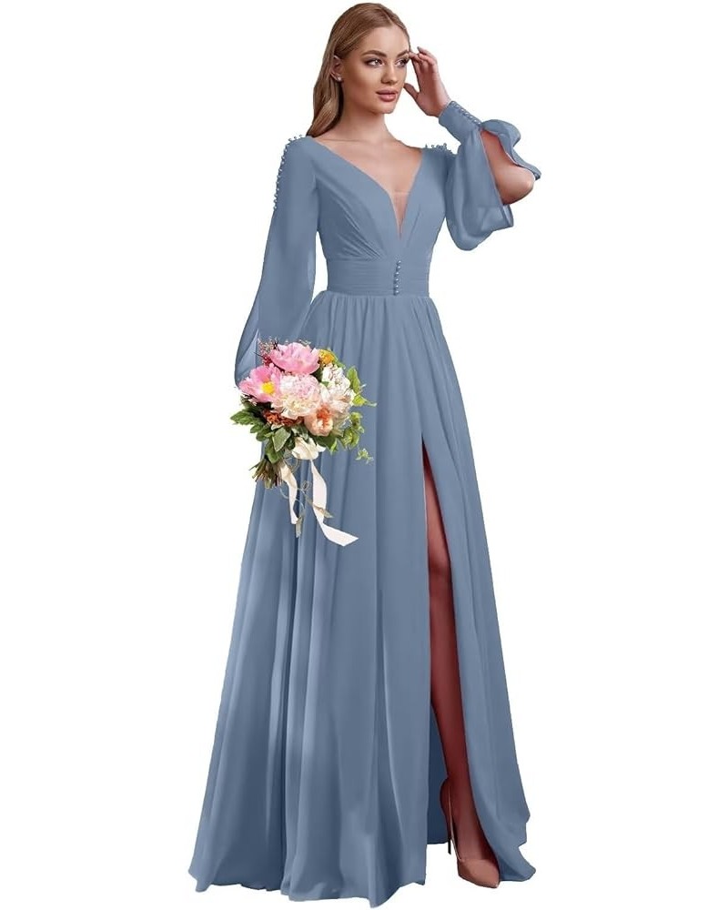 V Neck Bridesmaid Dresses Chiffon Long Sleeve Wedding Guest Dresses for Women Formal Evening Party Gowns with Slit Dusty Blue...