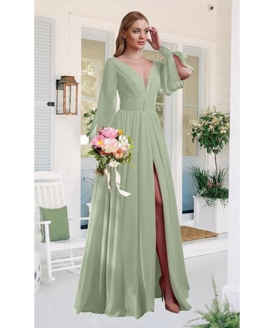 V Neck Bridesmaid Dresses Chiffon Long Sleeve Wedding Guest Dresses for Women Formal Evening Party Gowns with Slit Dusty Blue...