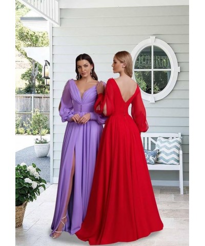 V Neck Bridesmaid Dresses Chiffon Long Sleeve Wedding Guest Dresses for Women Formal Evening Party Gowns with Slit Dusty Blue...