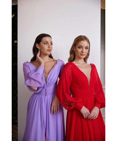 V Neck Bridesmaid Dresses Chiffon Long Sleeve Wedding Guest Dresses for Women Formal Evening Party Gowns with Slit Dusty Blue...