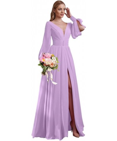 V Neck Bridesmaid Dresses Chiffon Long Sleeve Wedding Guest Dresses for Women Formal Evening Party Gowns with Slit Dusty Blue...