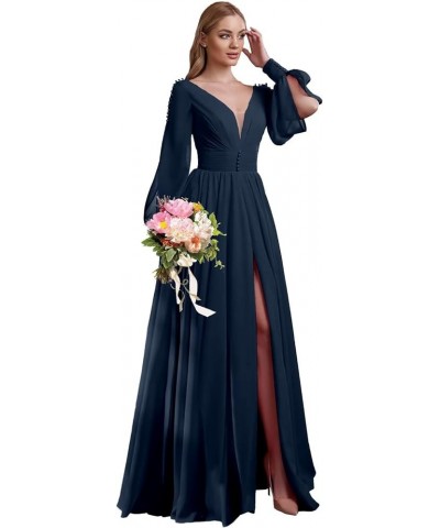 V Neck Bridesmaid Dresses Chiffon Long Sleeve Wedding Guest Dresses for Women Formal Evening Party Gowns with Slit Dusty Blue...