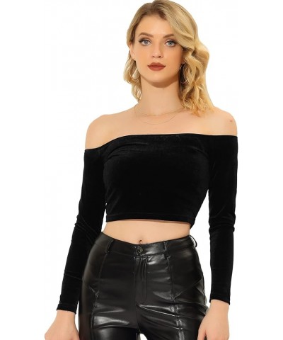 Women's Velvet Top Off Shoulder Casual Solid Blouse Long Sleeve Crop Top Black $15.30 Blouses