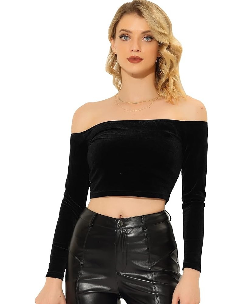 Women's Velvet Top Off Shoulder Casual Solid Blouse Long Sleeve Crop Top Black $15.30 Blouses