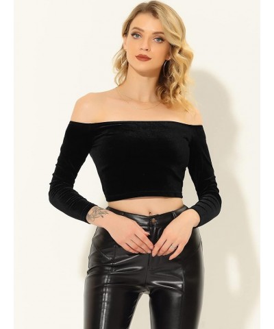 Women's Velvet Top Off Shoulder Casual Solid Blouse Long Sleeve Crop Top Black $15.30 Blouses