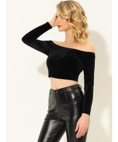 Women's Velvet Top Off Shoulder Casual Solid Blouse Long Sleeve Crop Top Black $15.30 Blouses