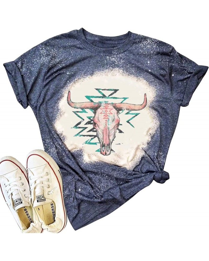 Wild Soul T-Shirt Women Vintage Western Bleached Tee Tops Boho Cow Skull Rodeo Shirt Western Cowgirls Casual Shirt Tops Dark ...