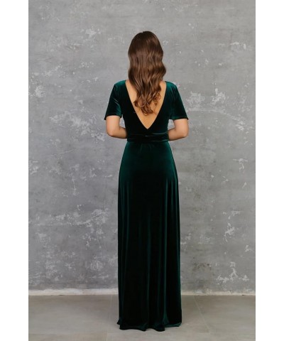 Women's Velvet Long Bridesmaid Dresses Short Sleeve Slit V Neck A Line Elegant Maxi Formal Evening Party Gowns Short Sleeve-d...