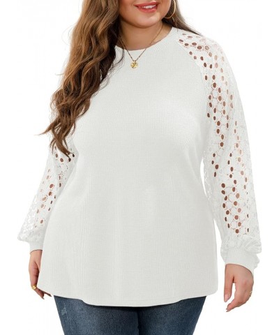 Womens Plus Size Tops Lace Sleeve Blouse Waffle Knit Long Sleeve Shirts B08-white $13.02 Blouses