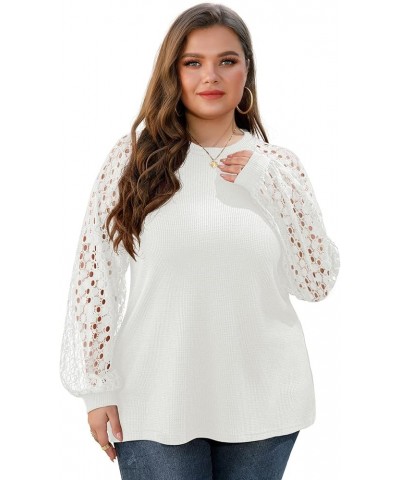 Womens Plus Size Tops Lace Sleeve Blouse Waffle Knit Long Sleeve Shirts B08-white $13.02 Blouses