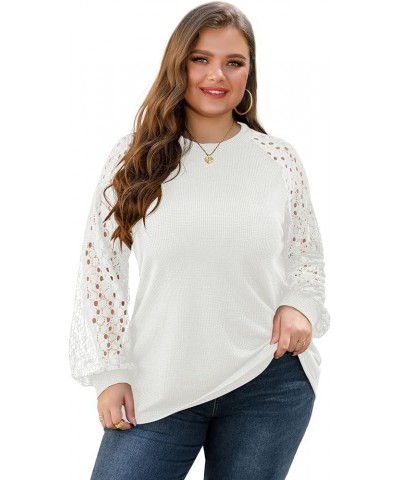 Womens Plus Size Tops Lace Sleeve Blouse Waffle Knit Long Sleeve Shirts B08-white $13.02 Blouses