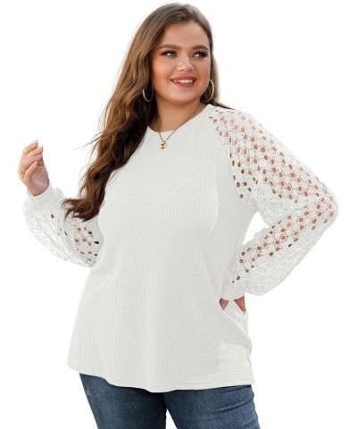 Womens Plus Size Tops Lace Sleeve Blouse Waffle Knit Long Sleeve Shirts B08-white $13.02 Blouses