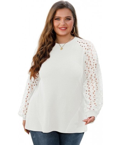 Womens Plus Size Tops Lace Sleeve Blouse Waffle Knit Long Sleeve Shirts B08-white $13.02 Blouses