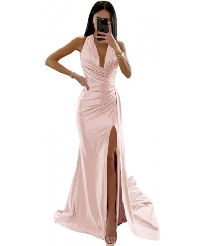 Women's Halter Satin Prom Dress Floor Length Formal Evening Party Gowns with Slit Coral $28.60 Dresses