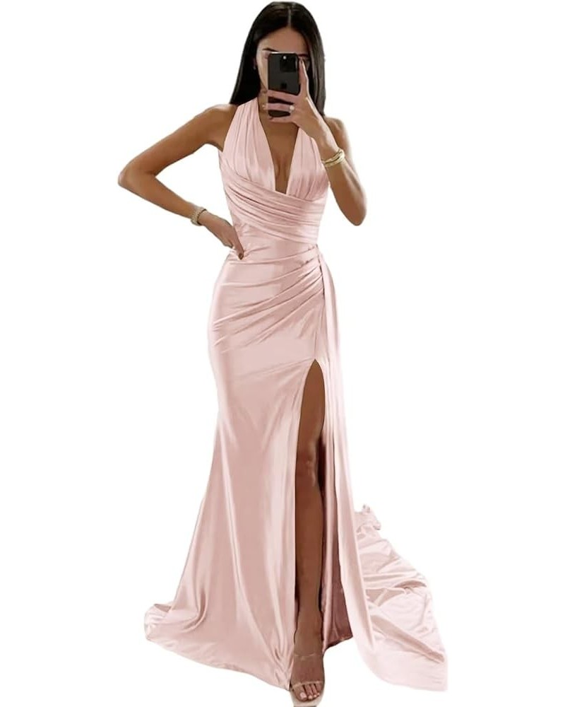 Women's Halter Satin Prom Dress Floor Length Formal Evening Party Gowns with Slit Coral $28.60 Dresses