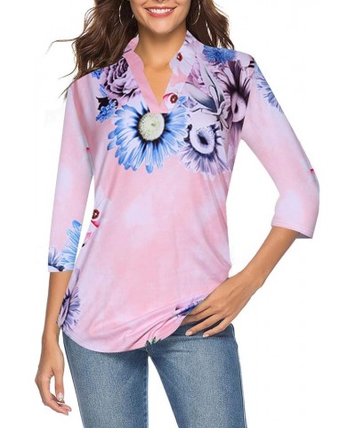 Women's 3/4 Sleeve V Neck Tops Casual Tunic Blouse Loose Shirt Pink $16.82 Blouses