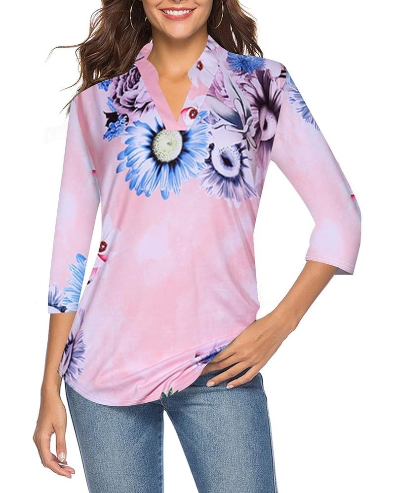 Women's 3/4 Sleeve V Neck Tops Casual Tunic Blouse Loose Shirt Pink $16.82 Blouses