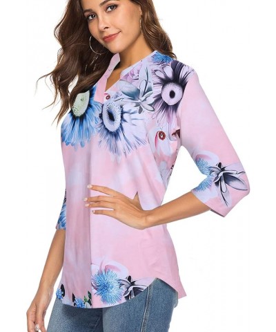 Women's 3/4 Sleeve V Neck Tops Casual Tunic Blouse Loose Shirt Pink $16.82 Blouses