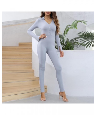 Womens Sexy Bodycon Ribbed Jumpsuits Long Sleeve Button Front Collar Playsuit Bodysuit Party Clubwear Grey $10.93 Jumpsuits