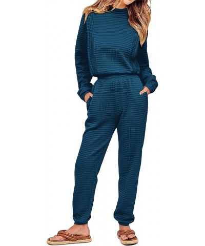 Women 2 Piece Outfits Sweatsuit Set Fall Long Sleeve Quilted Knit Crop Top And Jogger Pants Tracksuit Lounge Set Blue $26.54 ...