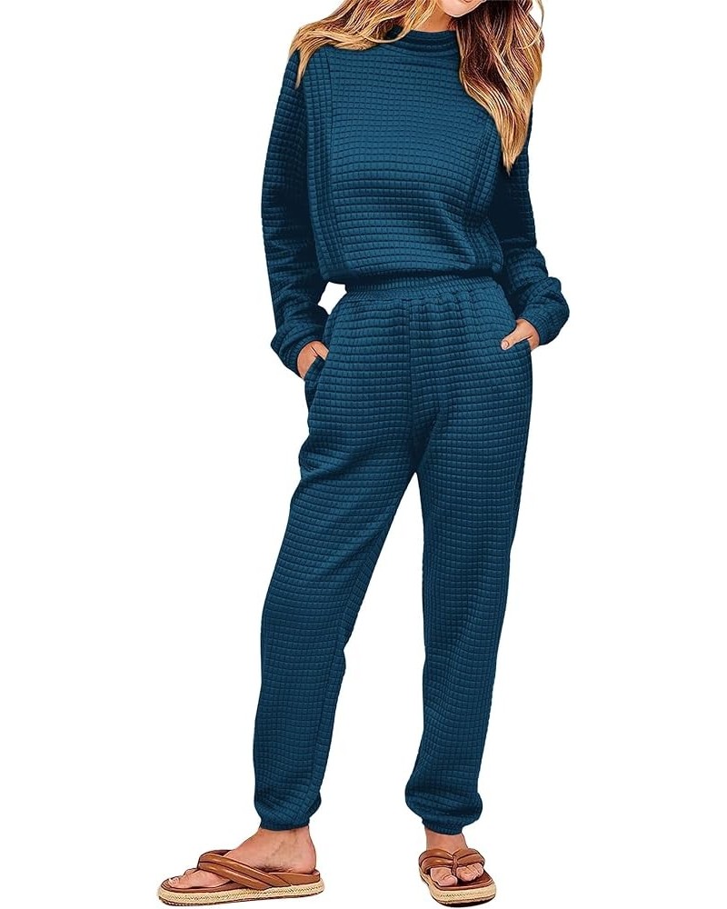 Women 2 Piece Outfits Sweatsuit Set Fall Long Sleeve Quilted Knit Crop Top And Jogger Pants Tracksuit Lounge Set Blue $26.54 ...