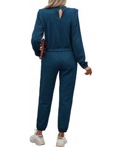 Women 2 Piece Outfits Sweatsuit Set Fall Long Sleeve Quilted Knit Crop Top And Jogger Pants Tracksuit Lounge Set Blue $26.54 ...