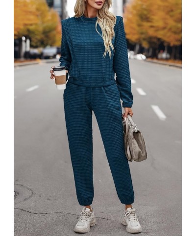 Women 2 Piece Outfits Sweatsuit Set Fall Long Sleeve Quilted Knit Crop Top And Jogger Pants Tracksuit Lounge Set Blue $26.54 ...