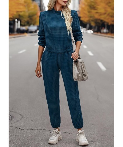 Women 2 Piece Outfits Sweatsuit Set Fall Long Sleeve Quilted Knit Crop Top And Jogger Pants Tracksuit Lounge Set Blue $26.54 ...