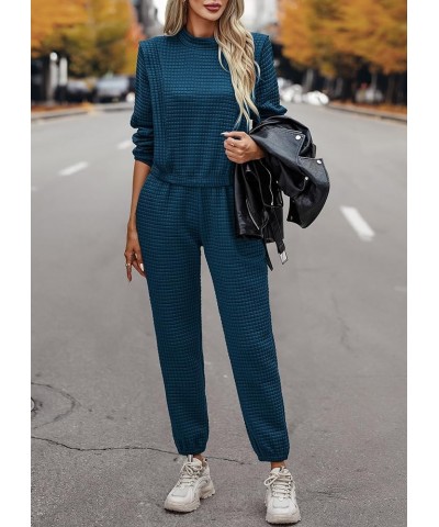 Women 2 Piece Outfits Sweatsuit Set Fall Long Sleeve Quilted Knit Crop Top And Jogger Pants Tracksuit Lounge Set Blue $26.54 ...