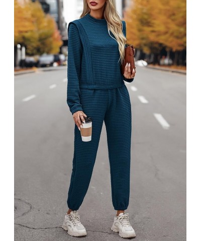 Women 2 Piece Outfits Sweatsuit Set Fall Long Sleeve Quilted Knit Crop Top And Jogger Pants Tracksuit Lounge Set Blue $26.54 ...