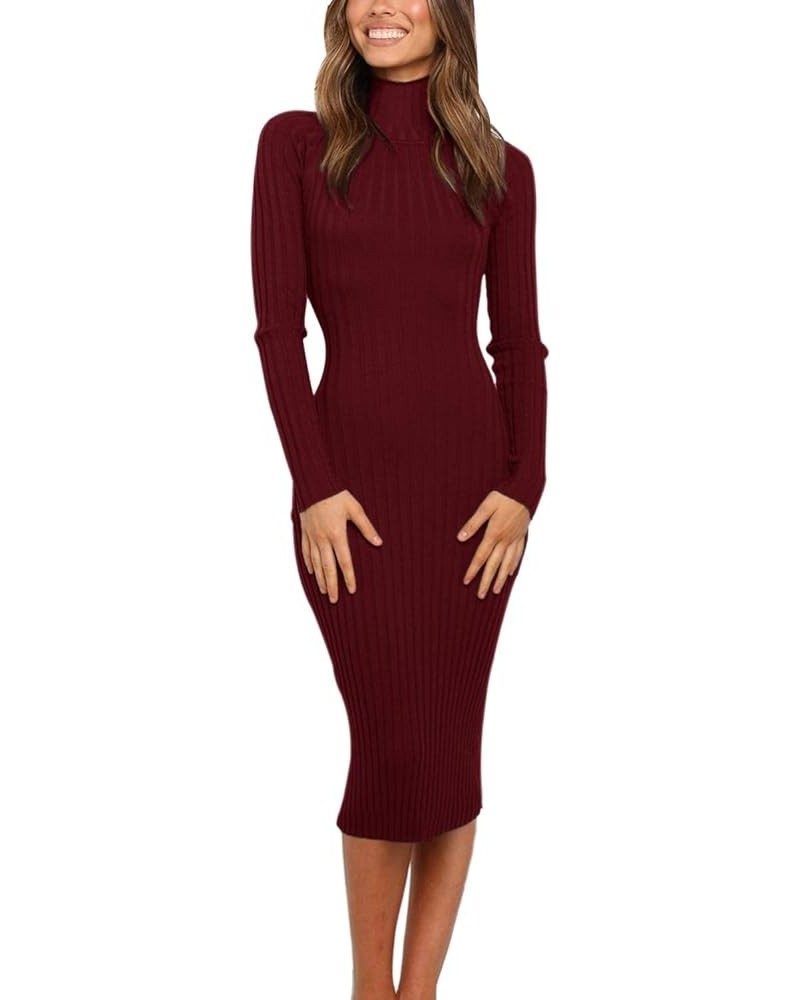 Women's Ribbed Long Sleeve Sweater Dress High Neck Slim Fit Knitted Midi Dress Wine $21.00 Dresses