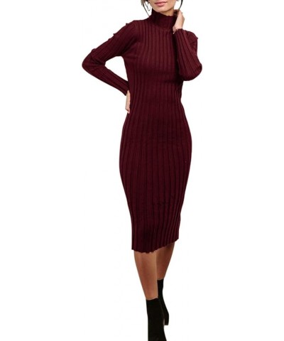 Women's Ribbed Long Sleeve Sweater Dress High Neck Slim Fit Knitted Midi Dress Wine $21.00 Dresses