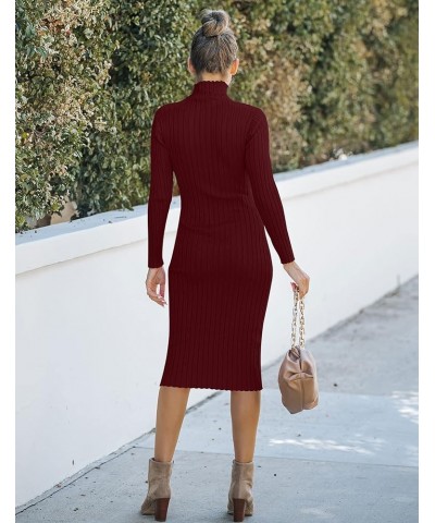 Women's Ribbed Long Sleeve Sweater Dress High Neck Slim Fit Knitted Midi Dress Wine $21.00 Dresses