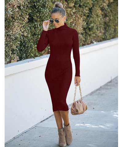 Women's Ribbed Long Sleeve Sweater Dress High Neck Slim Fit Knitted Midi Dress Wine $21.00 Dresses