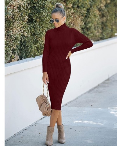 Women's Ribbed Long Sleeve Sweater Dress High Neck Slim Fit Knitted Midi Dress Wine $21.00 Dresses