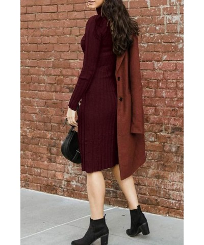 Women's Ribbed Long Sleeve Sweater Dress High Neck Slim Fit Knitted Midi Dress Wine $21.00 Dresses