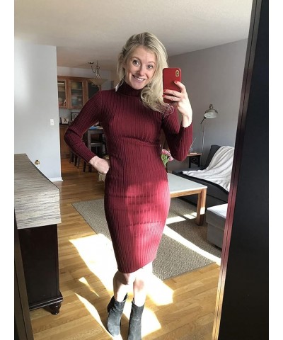 Women's Ribbed Long Sleeve Sweater Dress High Neck Slim Fit Knitted Midi Dress Wine $21.00 Dresses