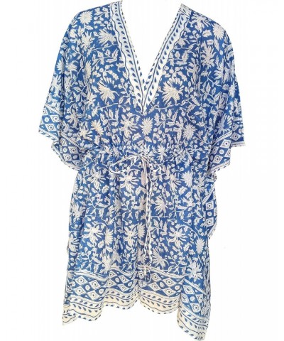 Cotton Hand Block Print Swimsuit Cover-up Beach Caftan Women's Print Kaftan-No-6 Blue $14.16 Swimsuits