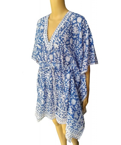 Cotton Hand Block Print Swimsuit Cover-up Beach Caftan Women's Print Kaftan-No-6 Blue $14.16 Swimsuits